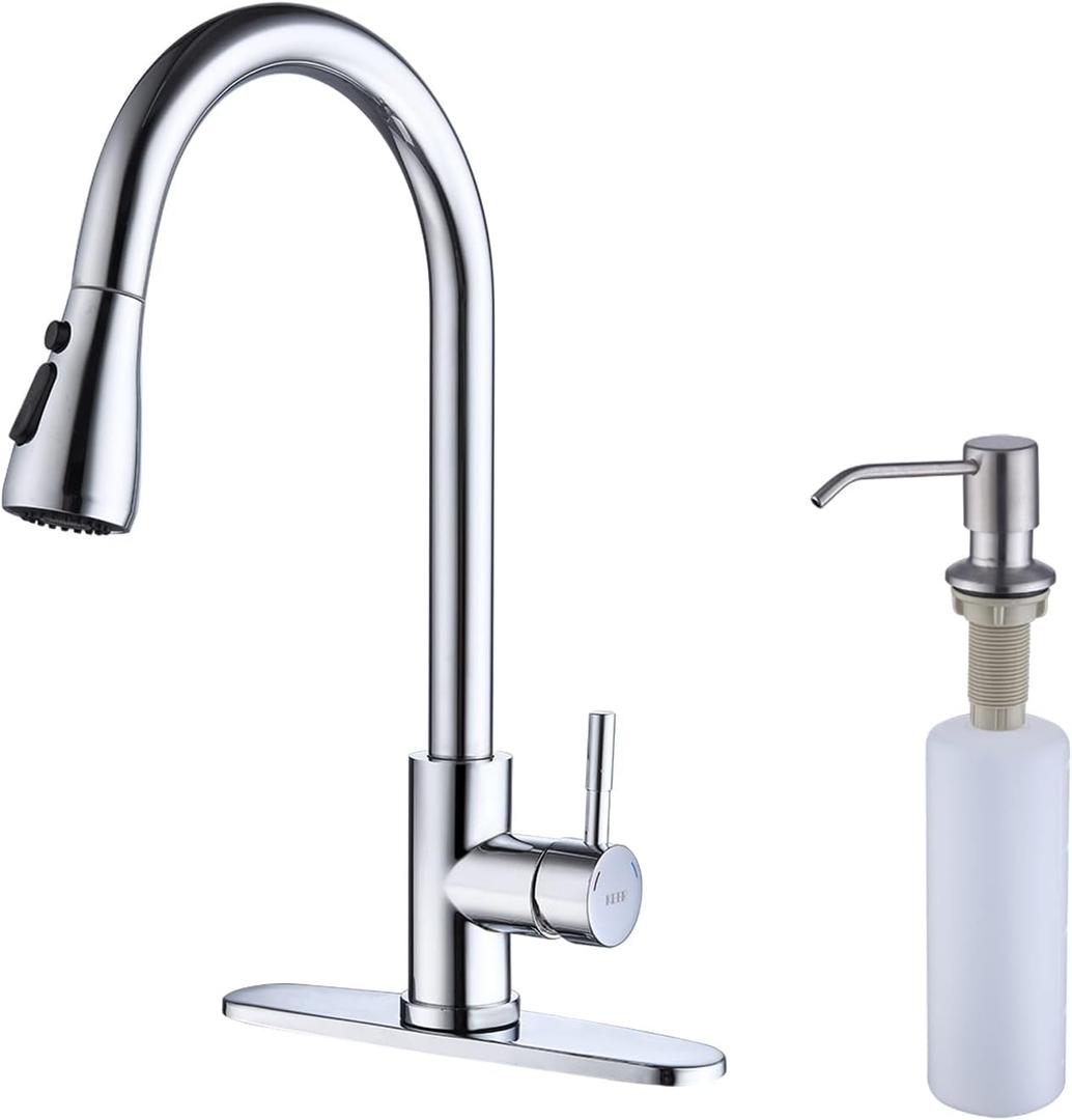 Keer Polished Chrome Single Handle Pull Down Kitchen Faucet with Soap Dispenser, 3 Modes Sprayer, Easy Assembly, Single Handle High Arc Stainless Steel Faucet