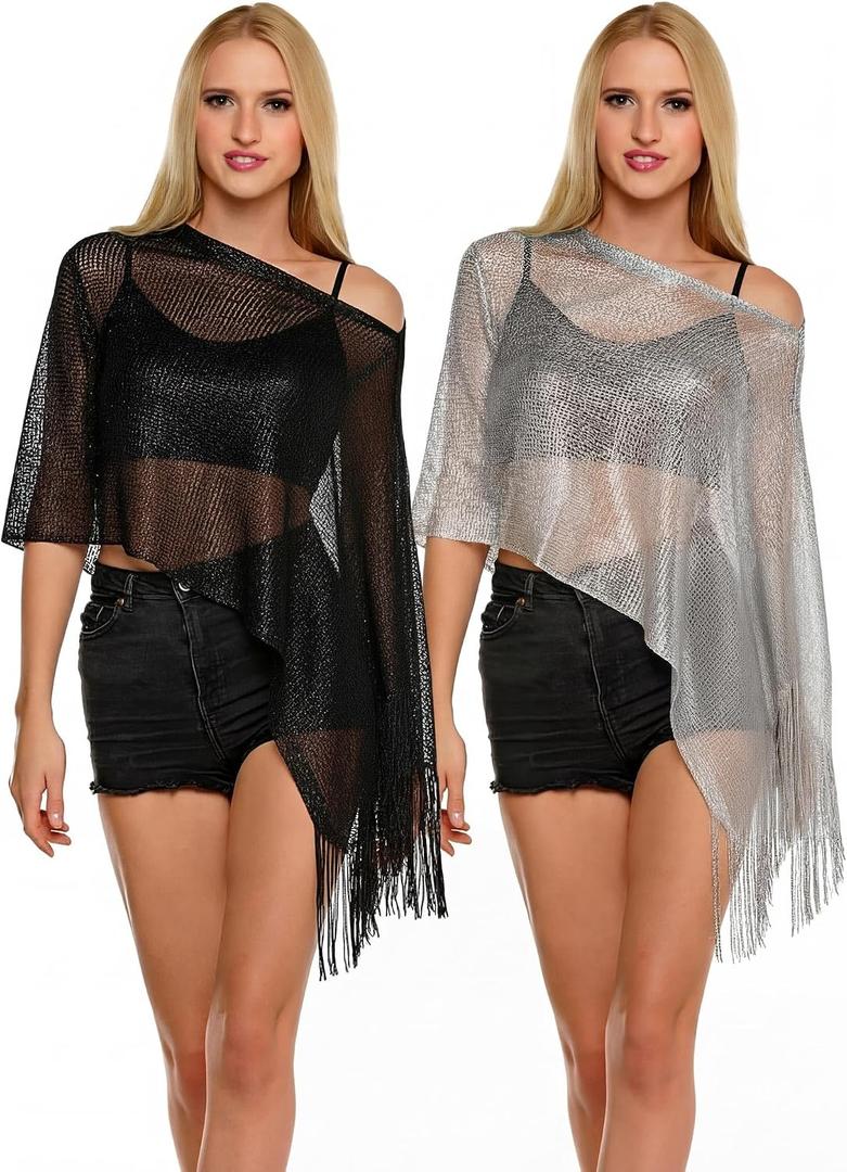 2 Pcs Womens Sheer Poncho Shrug Top Lightweight Knit Crochet Bolero Summer Shrug Irregular Tassel Shawl Beach Mesh Cover up (Black, M)