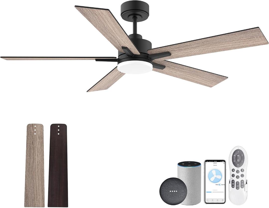Lorpies 52 Smart Ceiling Fan with Lights Remote,Ultra Silent DC Motor,Control via Alexa Google Voice App Wifi,Outdoor Indoor Modern Ceiling Fans for Bedroom Patio Porch,Dimmable,Black Walnut Brown