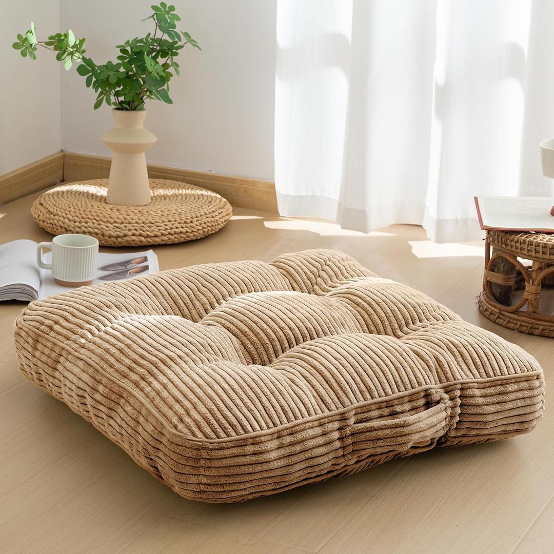 HIGOGOGO Washable Floor Pillow Cushion for Adults, Meditation Cushion Pillow, Large Square Floor Sitting, Removable Tufted Corduroy Cover, for Tatami Living Room or Yoga, 22x22 Inch, Machine Washable (4" Thick(Pack of 1))