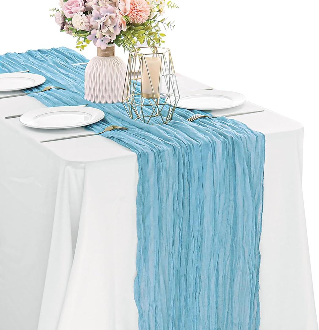 Baby Blue 10FT Cheesecloth Table Runner Boho Gauze Fabric Table Runner Rustic Sheer Runner for Wedding Birthday Baby Shower Party Boho Table Decoration (35" x 120"-1 Pack)