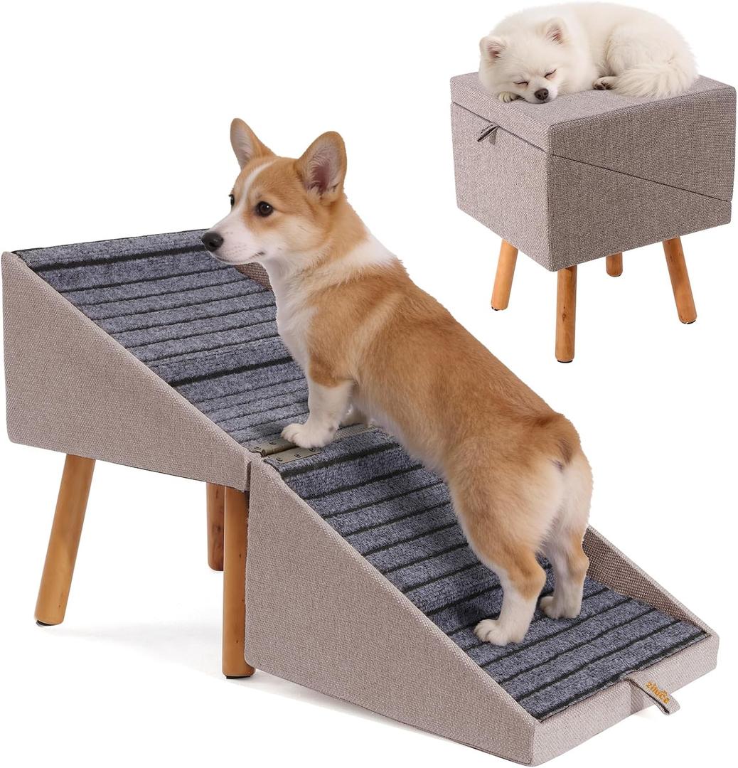 Dog ramp for Small Dogs, 2-in-1 Pet Steps & Ottoman - Foldable Dog ramp for Couch, Non-Slip Wooden Pet ramp for Puppy Senior Injured Dogs (Light Brown, XL (17.13H)