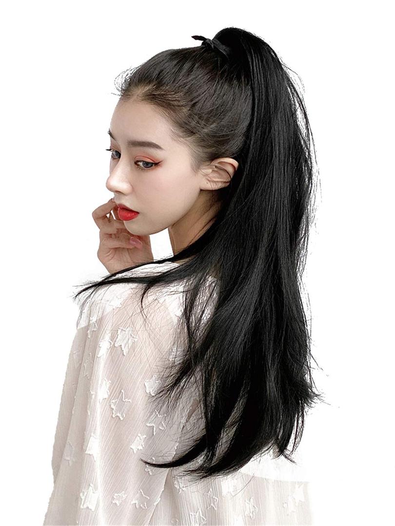 Yanamy  24" Straight Synthetic Ponytail Hair Extension Ribbon Clip in Long Pony Tail Hairpiece, 100g Dark Brown