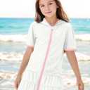 BesserBay Girls Swim Cover Up Quick Dry Terry Ruffle Hem Swimsuit Zip-Up Bathing Coverup with Pockets & Sunglasses 4-14 Years