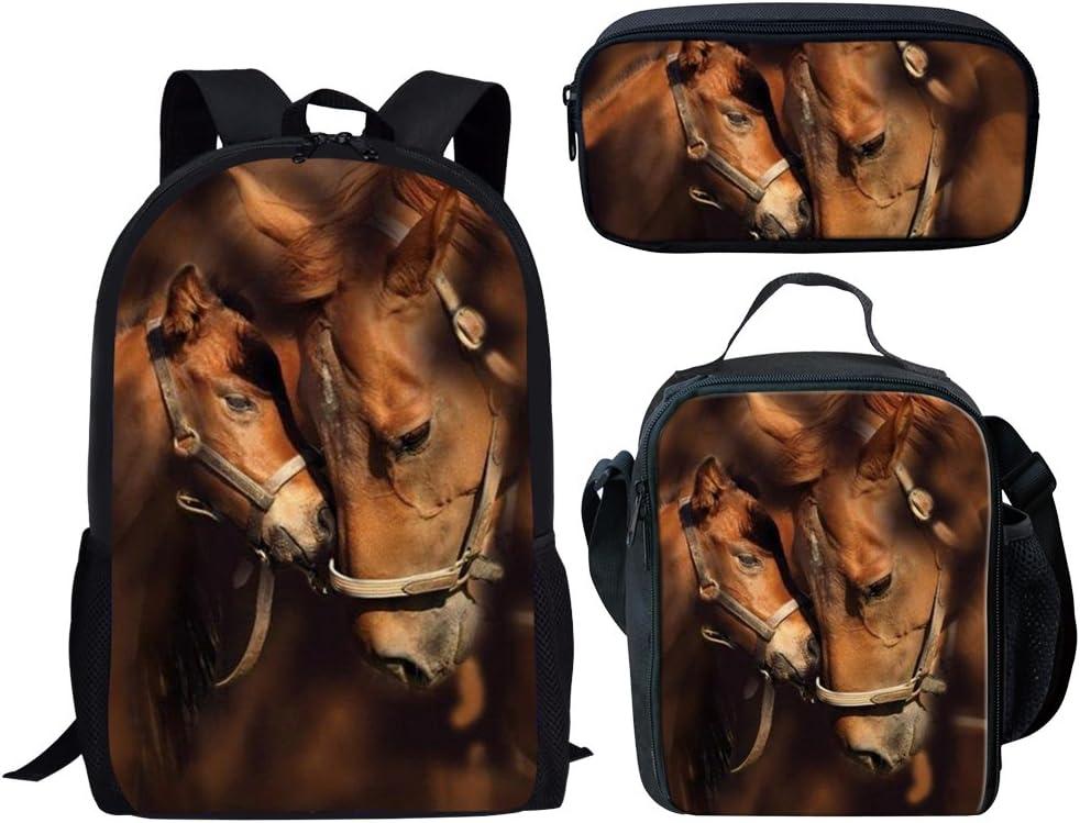Dellukee School Backpack Set Lunch Bag Pen Bags Cute Durable Bookbags Daypacks Horse Print