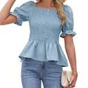 Womens Puff Short Sleeve Babydoll Tops 2025 Summer Smocked Square Neck Peplum Blouse Loose Fit Ruffle Dressy Tee Shirts XL