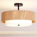 Lornwick Boho Rattan semi Flush Mount Ceiling Light,for Bedroom, 18'' Hemp rope&Fabric Gold