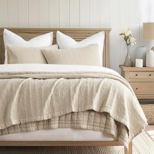 EVERGRACEHOME Stonewashed Cotton Quilt Set Full Queen Size, Ultra Soft Oversized Bedspread Coverlet Set, Lightweight Crinkle Box Stitch Bedding Sets for All Season, with 2 Shams, Flax Beige