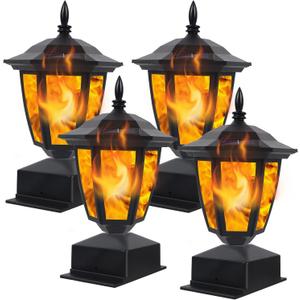 Dynaming Solar Flame Post Lights Outdoor, Solar Powered Lamps Fence Post Cap Lights, Flickering Flame LED Lantern Decorative Waterproof for Garden Deck Patio, Fit 4x4, 5x5 or 6x6 Wooden Posts, 4 Pack (Black)