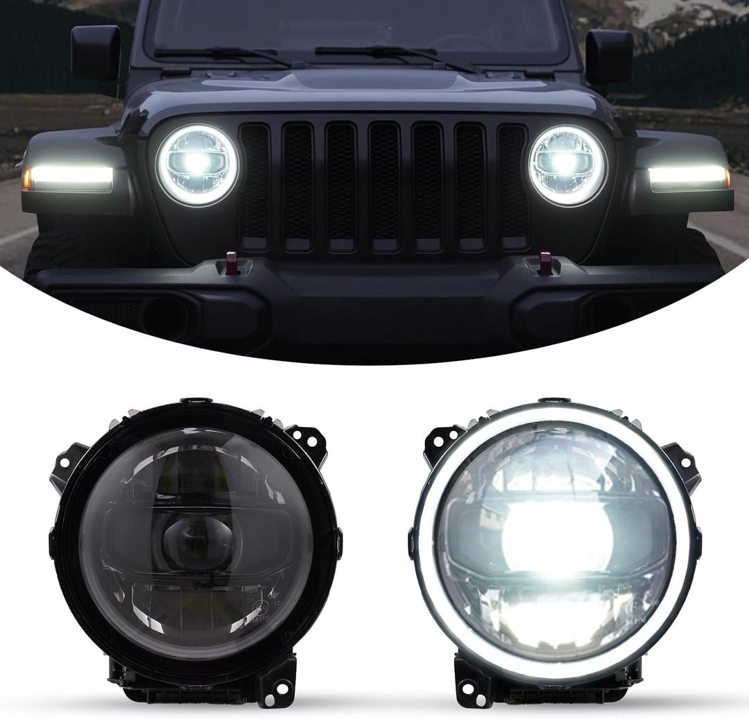 Kiwi Master OEM Style LED Headlights for Jeep Gladiator JT 2018-2026 Jeep Wrangler JL/4xe Accessories Halo DRL 9 Inch Round Headlight with Daytime Running Lights, Black, Pair