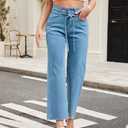 Allimy Womens Jeans High Rise Belted Wide Straight Leg Frayed Hem Jeans for Women Trendy 2025 Denim Pants (Blue)
