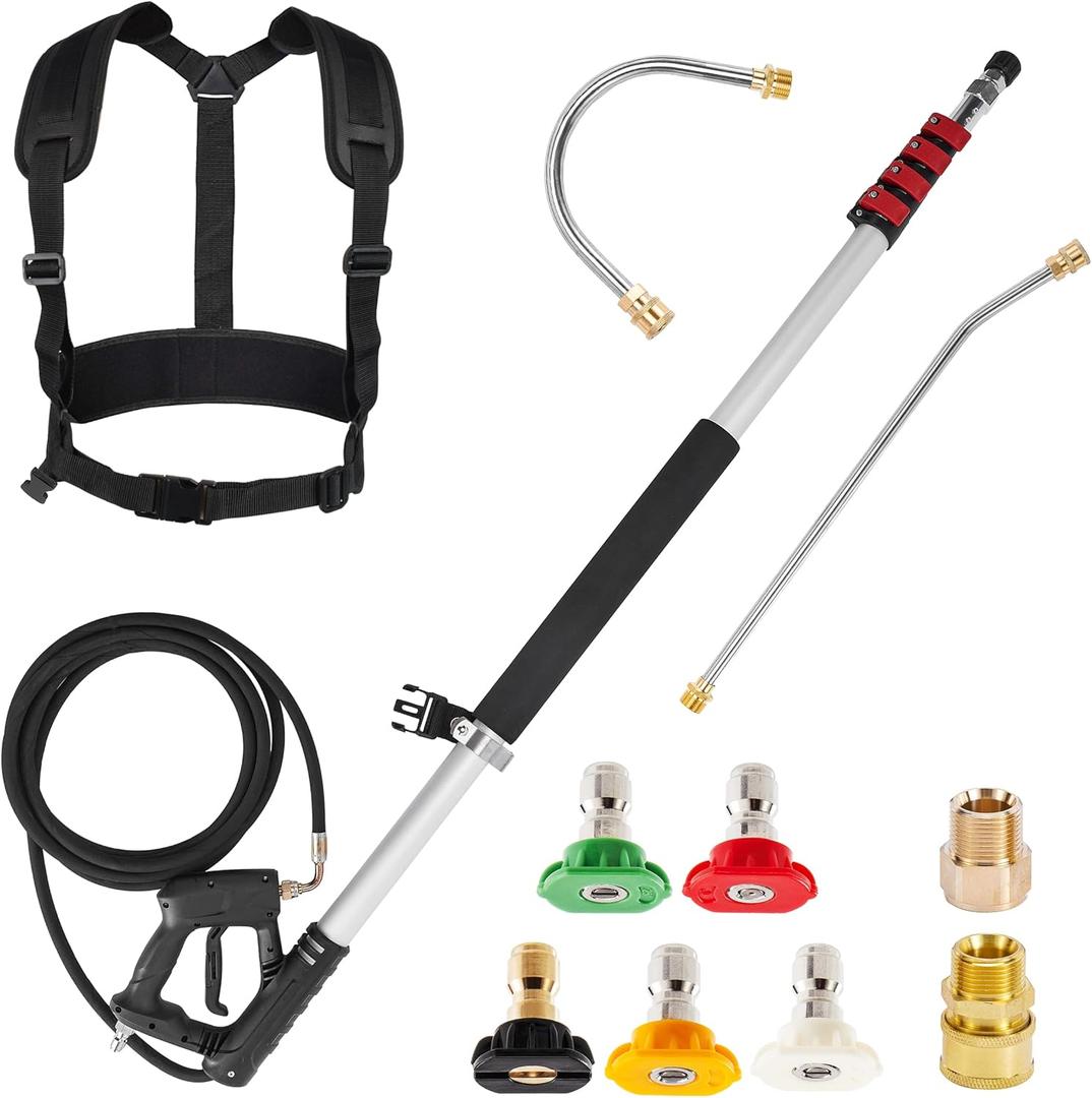 M MINGLE 20 FT Telescoping Pressure Washer Wand, 4000 PSI | High-reach Spray Wand Kit with Gutter Attachment, 5 Nozzle Tips, Couplers and Support Belt, for Roof Edges, Soffits and Walls