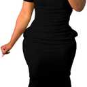 Women's Casual Short Sleeve Dress T Shirt Bodycon Dresses Ribbed V Neck Maxi Sundress Basic Party Club Dress with Pocket (Large, Black)