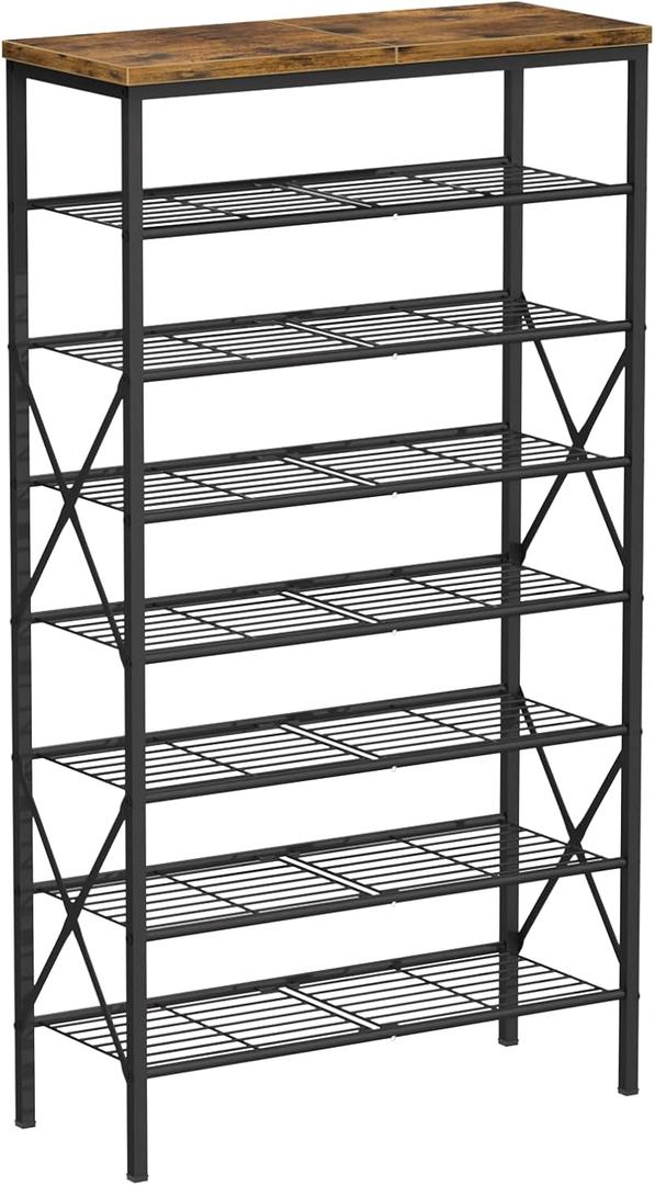 8 Tiers Tall Shoe Rack Organizer, Large Capacity Shoe Rack Holds 32 Pairs of Shoes, Durable and Stable, Adjustable Metal Shelf Stackable Shoe Shelf for Entryway, Hallway, Living Room, Closet (27.8" x 10.8" x 52.6", Rustic Brown)