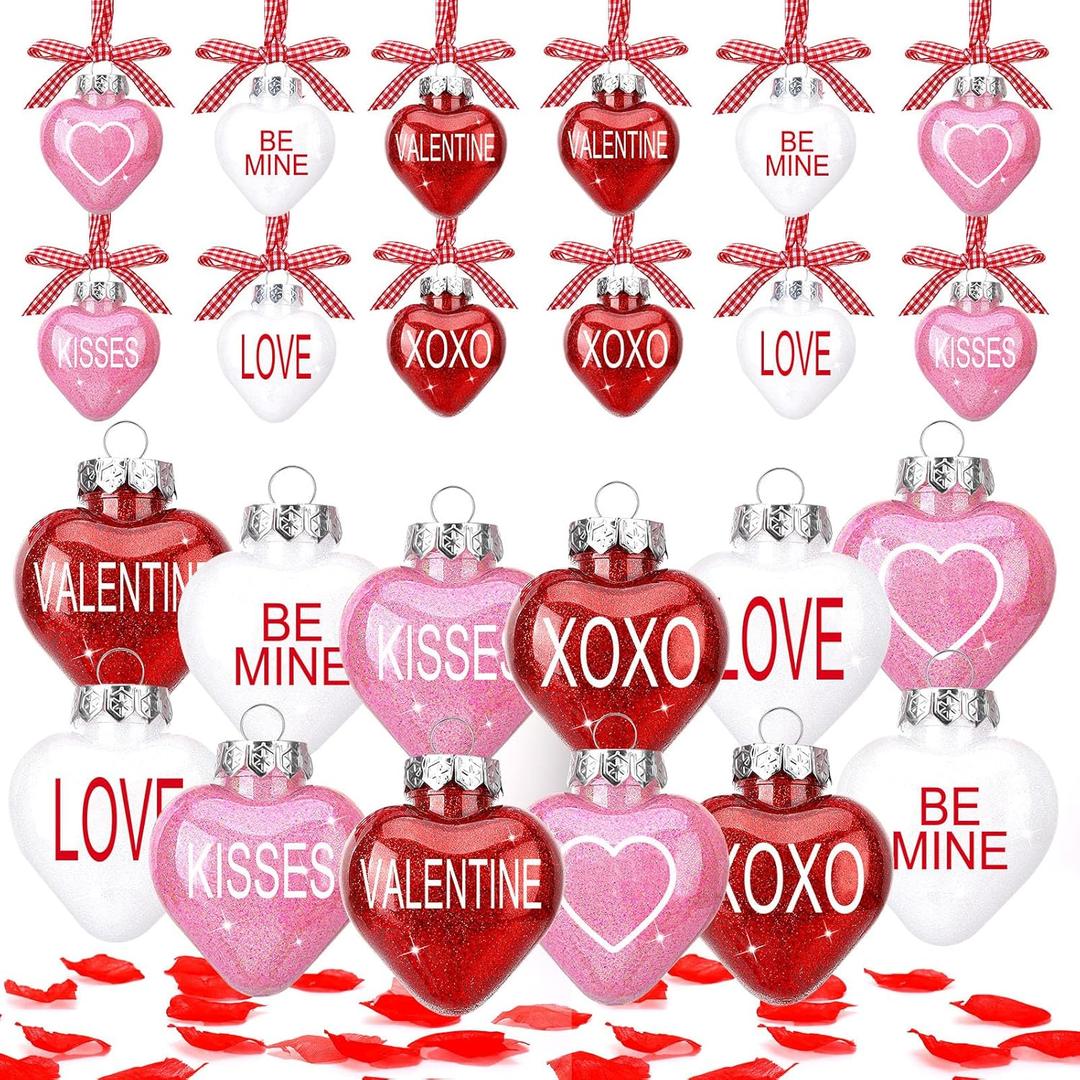 24pcs Valentines Day Ball Ornaments Set with Plastic Rose Petals 2.36 Inches Red Pink White Hanging Balls for Tree Wedding Home Anniversary Decor