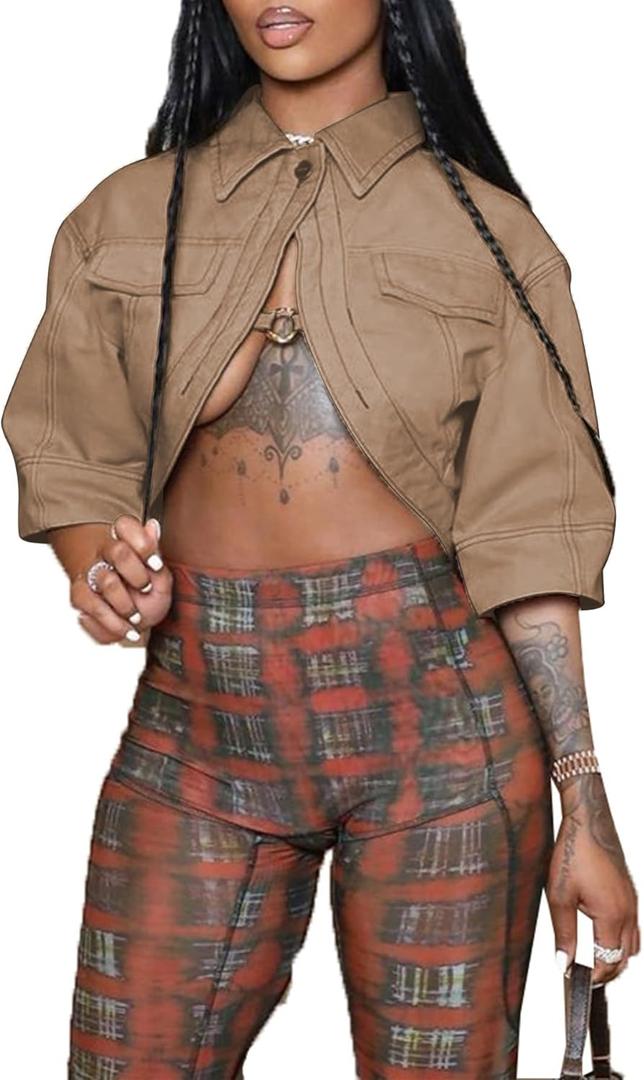 Jackets for Women Casual Short Sleeve Sexy Cropped Denim Jacket Cut Out Button Down Top Clubwear (Khaki), X-Large