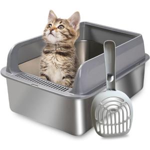 Stainless Steel Litter Box, High Sided Litter Box for Cat, Extra Large Litter Box with Lid, Easy Cleaning High Wall Side Covered Litter Box, Metal Litter Box with Scoop