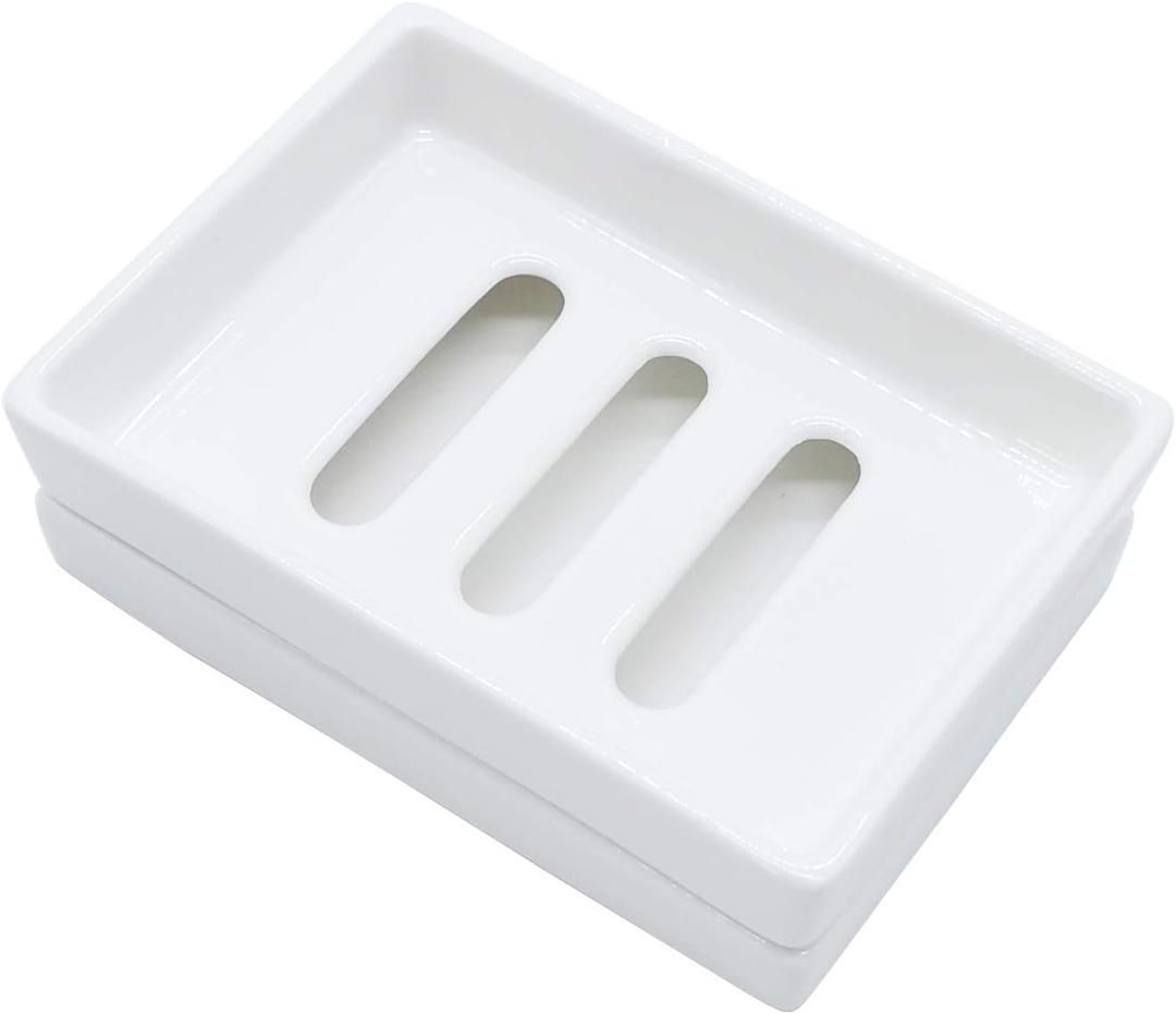 Ceramic Soap Dish Bar Soap Holder Double Layer Soap Tray Draining by Lofekea, White 