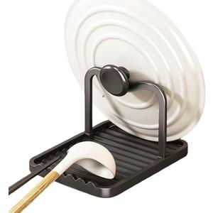 Anti-Rust Metal Spoon Rest with Lid Holder, Heat-Resistant Pot Lid Rest, Multifunctional Spatula Holder While Cooking for Stovetop and Kitchen Counter Black