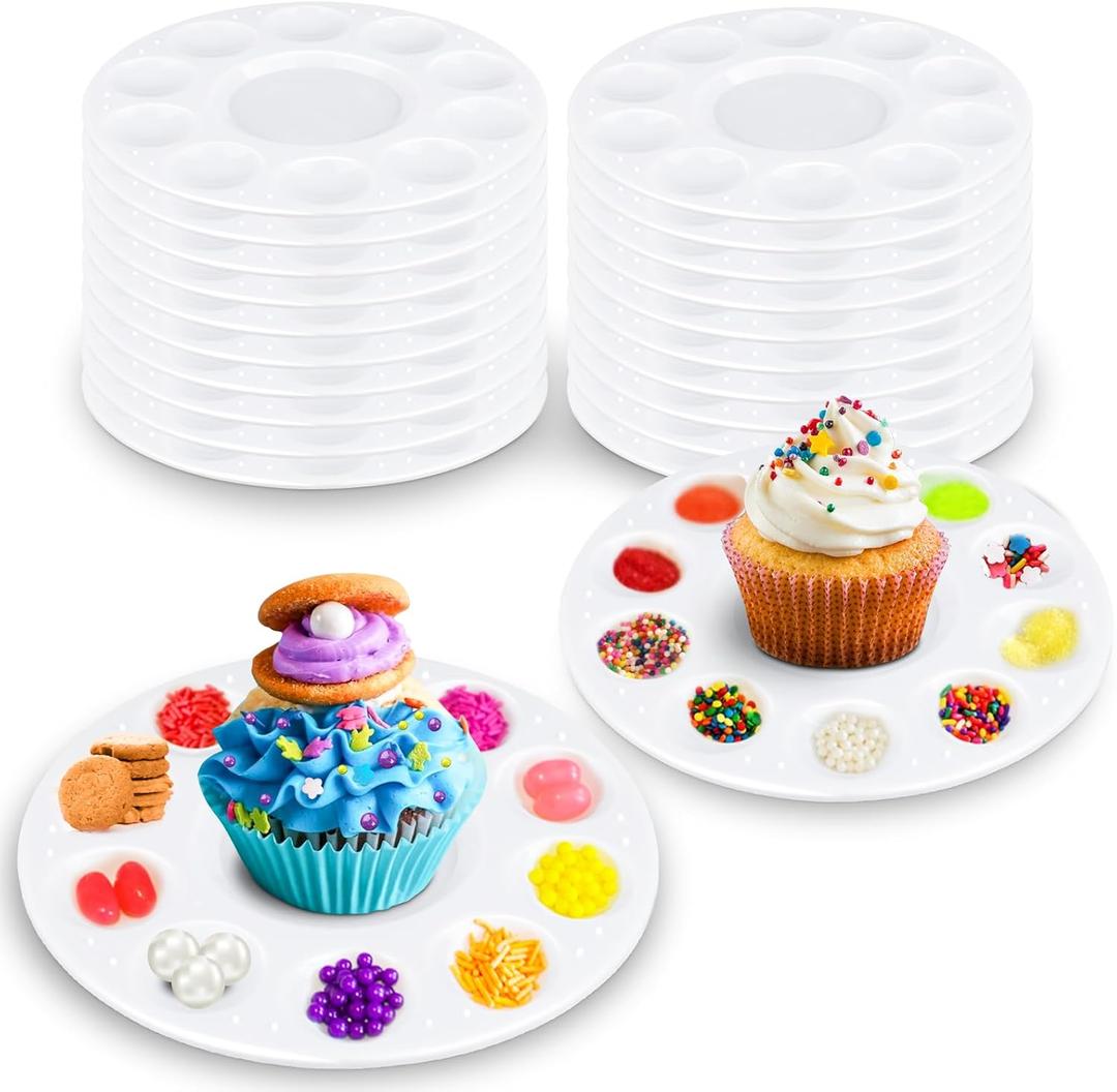 AIERSA Cupcake Decorating Plates for Kids Party, Kids Cupcake Holder Decorating Tray with 10 Wells for Dessert Sprinkles, Kids Birthday Party Supplies(Set of 20)