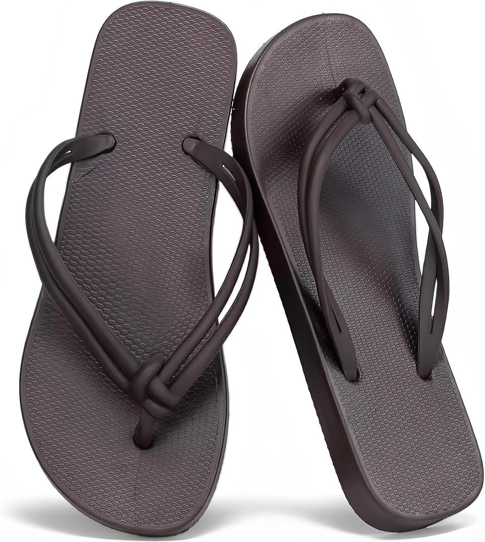 XIXITIAO Flip Flops for Women Comfortable Summer Beach Walking Basic Thong Sandals Slip On Indoor Outdoor Shower Shoes (7, Brown)