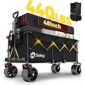 Sekey 48''L Collapsible Foldable Extended Wagon with 440lbs Weight Capacity, Heavy Duty 300L Folding Utility Garden Cart with Big All-Terrain Beach Wheels & Drink Holders, Black
