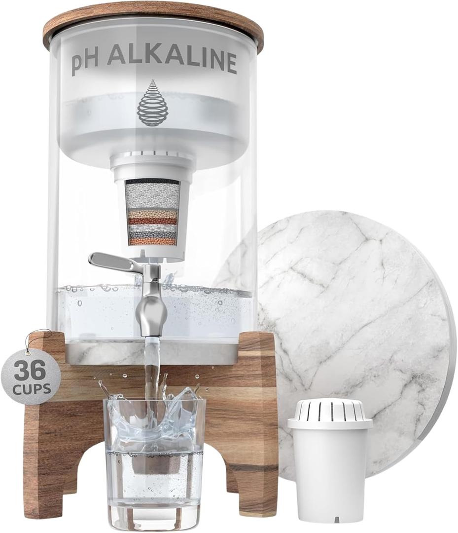Invigorated Water pH Recharge Alkaline Water Filter Dispenser  BPA-Free Glass Countertop Water Filter Pitcher Purifier for Home & Office, 36-Cup Capacity, 360L Long Filter Life (Bamboo/Marble)