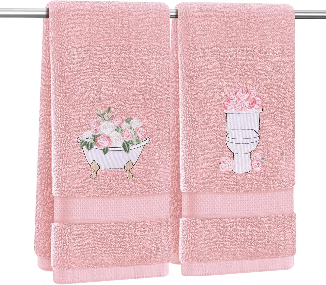 2 Pcs Pink Rose Hand Towels for Bathroom Decorative Rose Flower Bathroom Towels Embroidered 100% Cotton Spring Floral Hand Towels 13.4x29 Inch for Guest Room Valentine Gift (Pink,Rose)