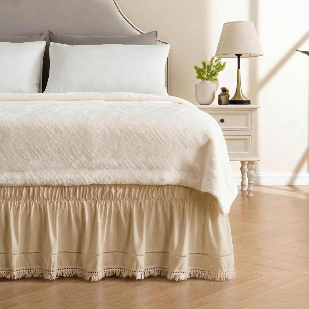 MIYE Wrap Around Ruffled Lace Bed Skirt, Elastic Dust Ruffle with Adjustable Belts, Easy to Put On, Bed Frame Cover, Machine Washable (Tassel Ruffle/Beige, King/Queen-15 Drop)