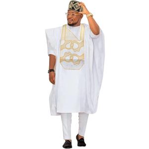 TIDOIRSA Dashiki for Men,Embroidery African Mens Clothing Dashiki Shirts and Pants Outfits 3 Pieces Set (5X-Large, White)