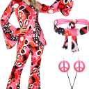 Haysandy 70s Outfit Women Disco Hippie Costume Accessories Pink Peace Disco Bottom Pants for Carnival Halloween Cosplay XL