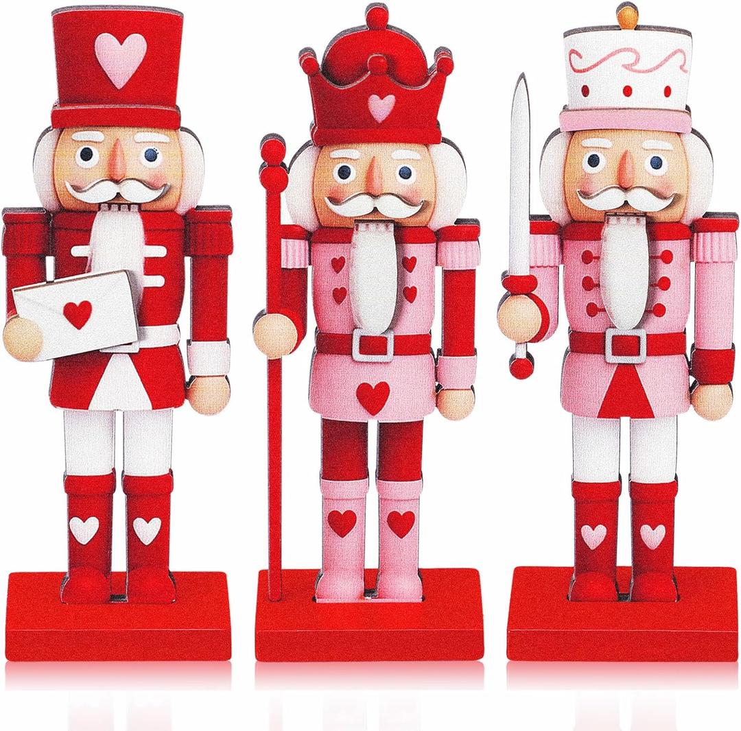 Thyle 3 Pcs Valentine Nutcracker Soldier 7 in Wooden Traditional Valentine Nutcrackers Figures Wood Veneer Tabletop Decoration for Desktop Fireplace Collectible Gifts(Red and Pink)