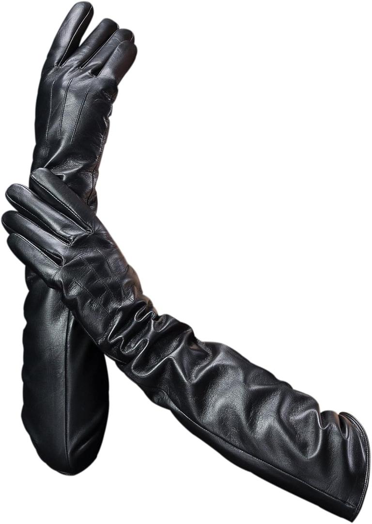 YISEVEN Women’s Long Leather Gloves Opera Length Three Point Design Lined Genuine Lambskin Winter Cold Weather Luxury Accessories for Ladies Dress Driving Evening Party Gifts, Black Size 7.0 M