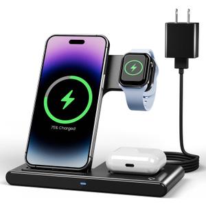 Wireless Charger iPhone Charging Station: 3 in 1 Charger Stand Multiple Devices for Apple - iPhone 16e 16 15 14 Pro Max 13 12 11 - Watch 10 9 8 7 6 5 4 3 2 SE and Ultra Series - Airpods 4 3 2 Pro (Black)