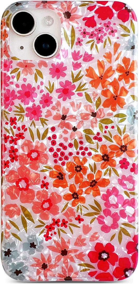 Qokey for iPhone 15 Plus/14 Plus Case 6.7 inch,Cute Flower Design for Women,Shell Pattern Soft Bumper Lightweight Fit Shockproof Phone Cover,Pink Floral