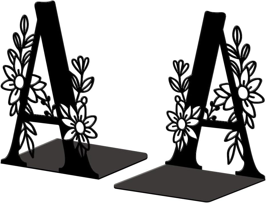 Peacoblue Metal Bookends for Shelves, Modern Decorative Heavy Duty Study Book Ends Stoppers for Office, Desk, Shelf, Room 5.3"x4.3"x7.1" Cast Iron Simple Tall Bookends 1 Pair (Letter A with Flower)