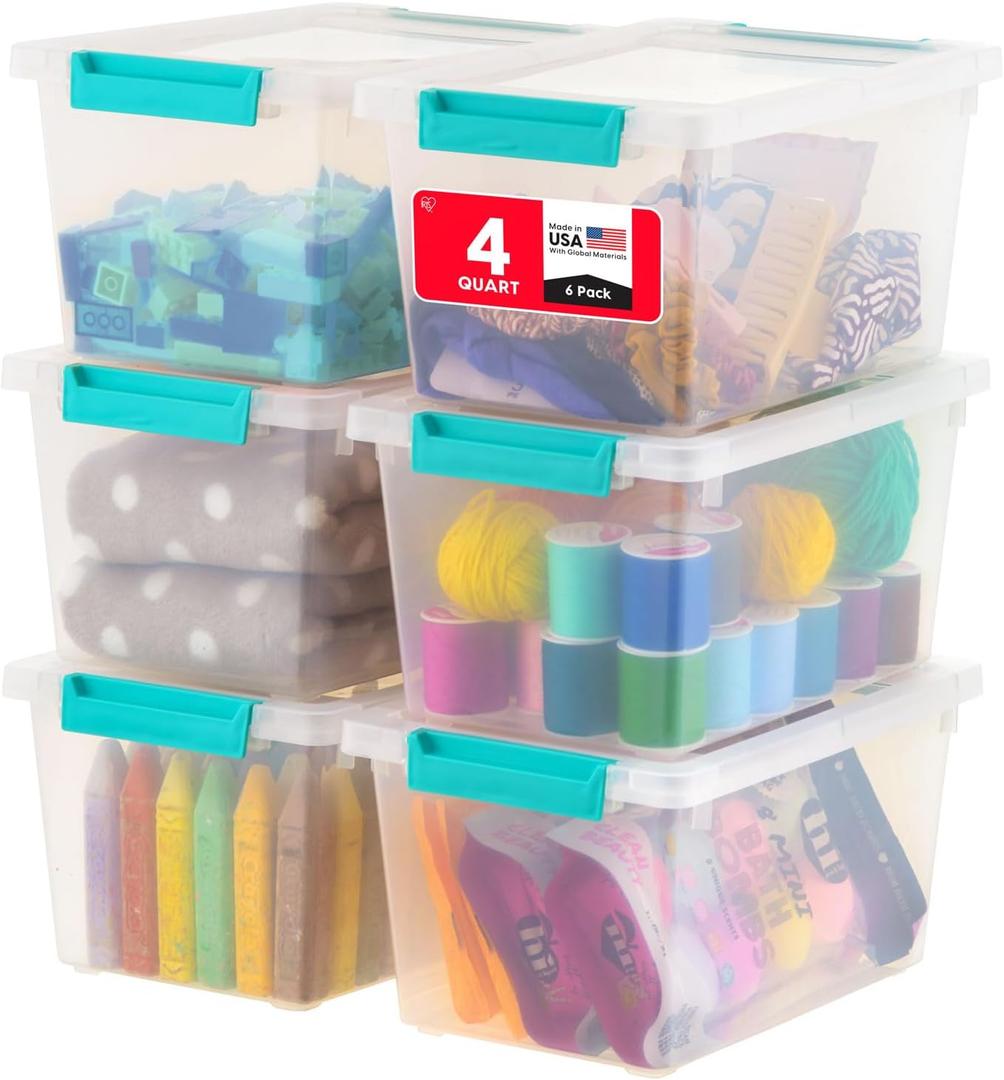 IRIS USA 4 Qt. Craft Storage Bins with Lids, 6-Pack, |Made in USA|, Clip Box, Small Plastic Sensory Bin Tote Organizer Containers for Art Supplies, Paper, & Office, Stackable - Clear/Seafoam Blue