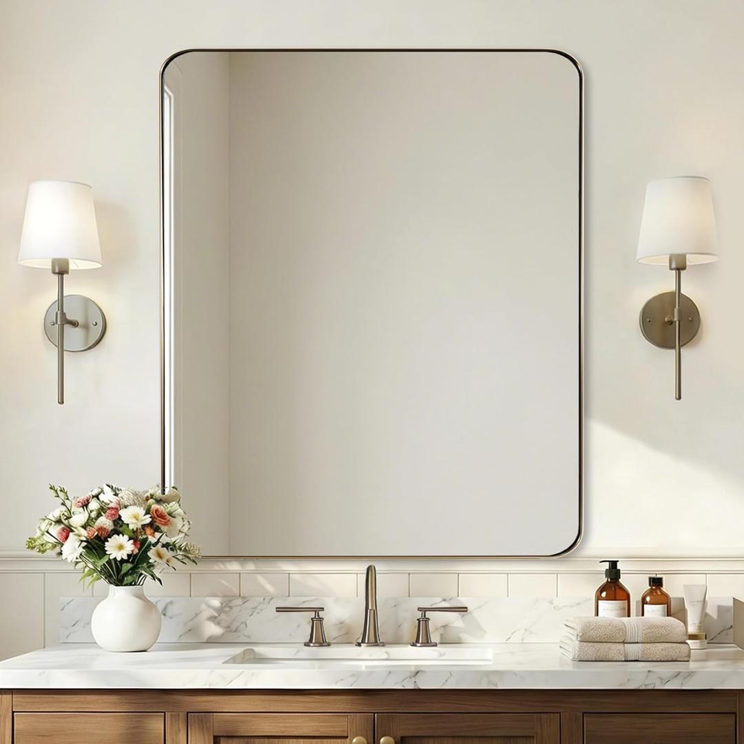 ANDY STAR Brushed Champagne Bronze Mirrors for Bathroom Sink, 30x36 Inch Bathroom Vanity Mirror with Rectangular Metal Frame-Modern Clean Design with Superior Stainless Steel Frame