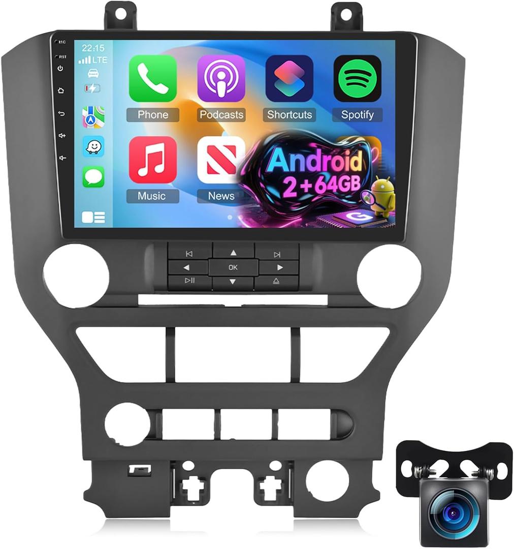 Volxcereo [2GB+64GB] Car Radio for Ford Mustang 2015-2020 (Adapts to 3 Buttons Only) with Carplay&Android Auto, 9 inches Android Touch Screen Mustang Stereo, 1080P/EQ Audio/Bluetooth/FM RDS/SWC