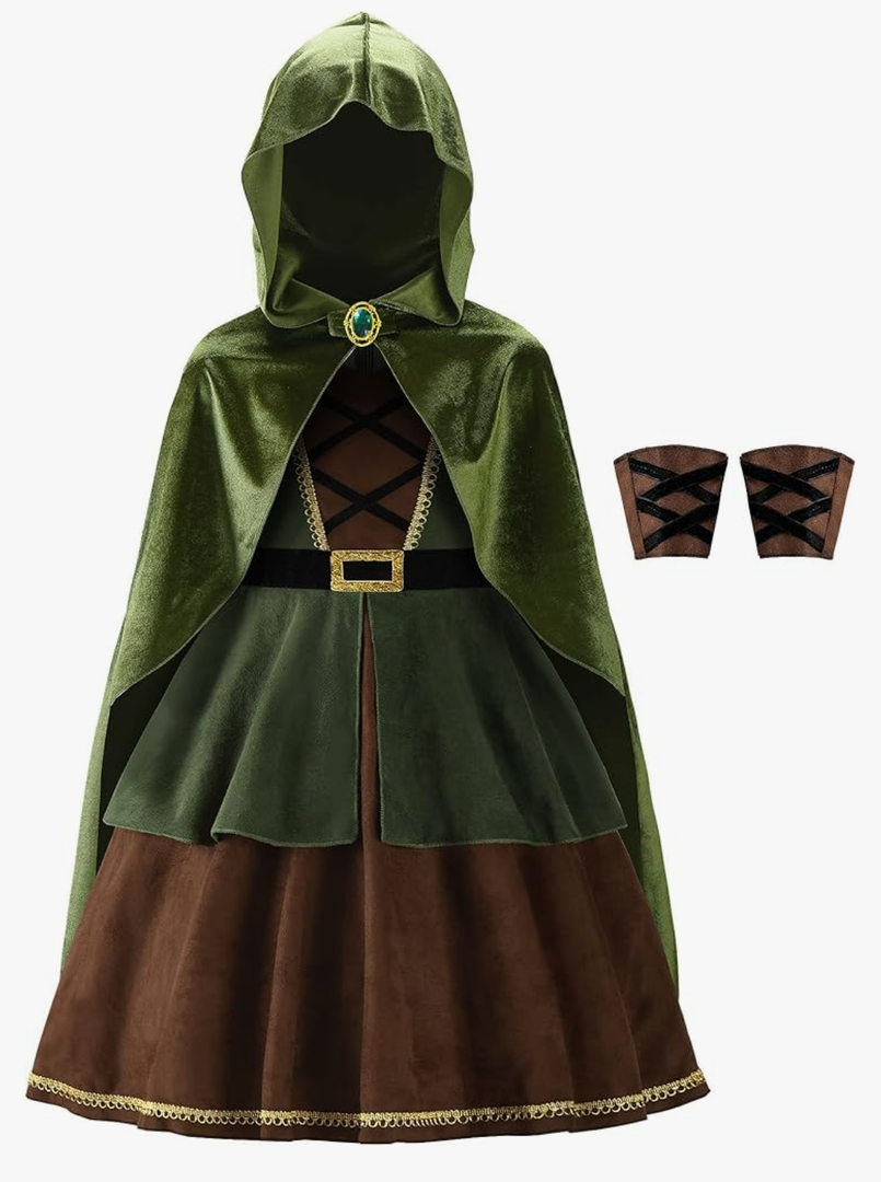 ReliBeauty Archer Costume Girls Huntress Costume for Girls with Cape,Green 150