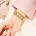 fastgo Beaded Bracelet Band Compatible with Apple Watch Bands 41mm/40mm/38mm/44mm/45mm/42mm/49mm Women, Natural Pearl Beaded Elastic Strap for Iwatch Bands(Gold)