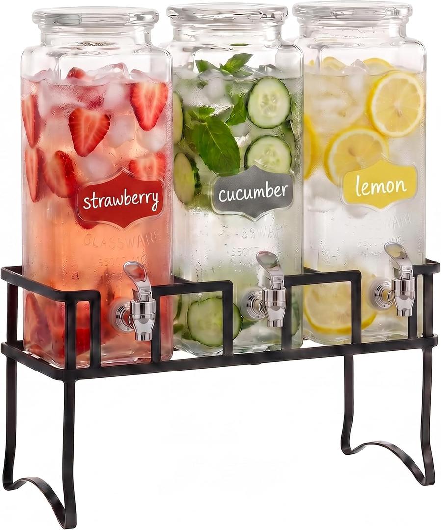 Circleware Glass Beverage Dispenser Triple Chalkboard w/Stand, 3 Set 80 Oz