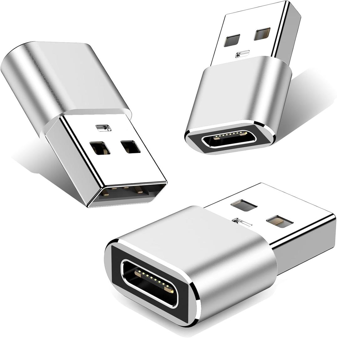 USB to USB C Adapter-3Pack,Type C Female to USB Male Charger Cable Converter for iPhone 15 Pro Max Plus/14,for Apple Watch 9/Ultra,for iPad Pro/Air/Mini,for Airpods,Samsung,Car (Silver)