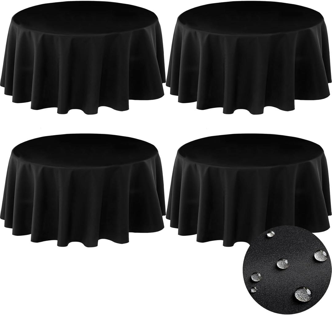 BYDOLL Table Cloth Round 60 Inch Fits Max50 Inch Diameter Top,4 Pack Black Washable Outdoor Winkle and Stain Resistant Spillproof Polyester Tablecloth for Round Tables Party Cover