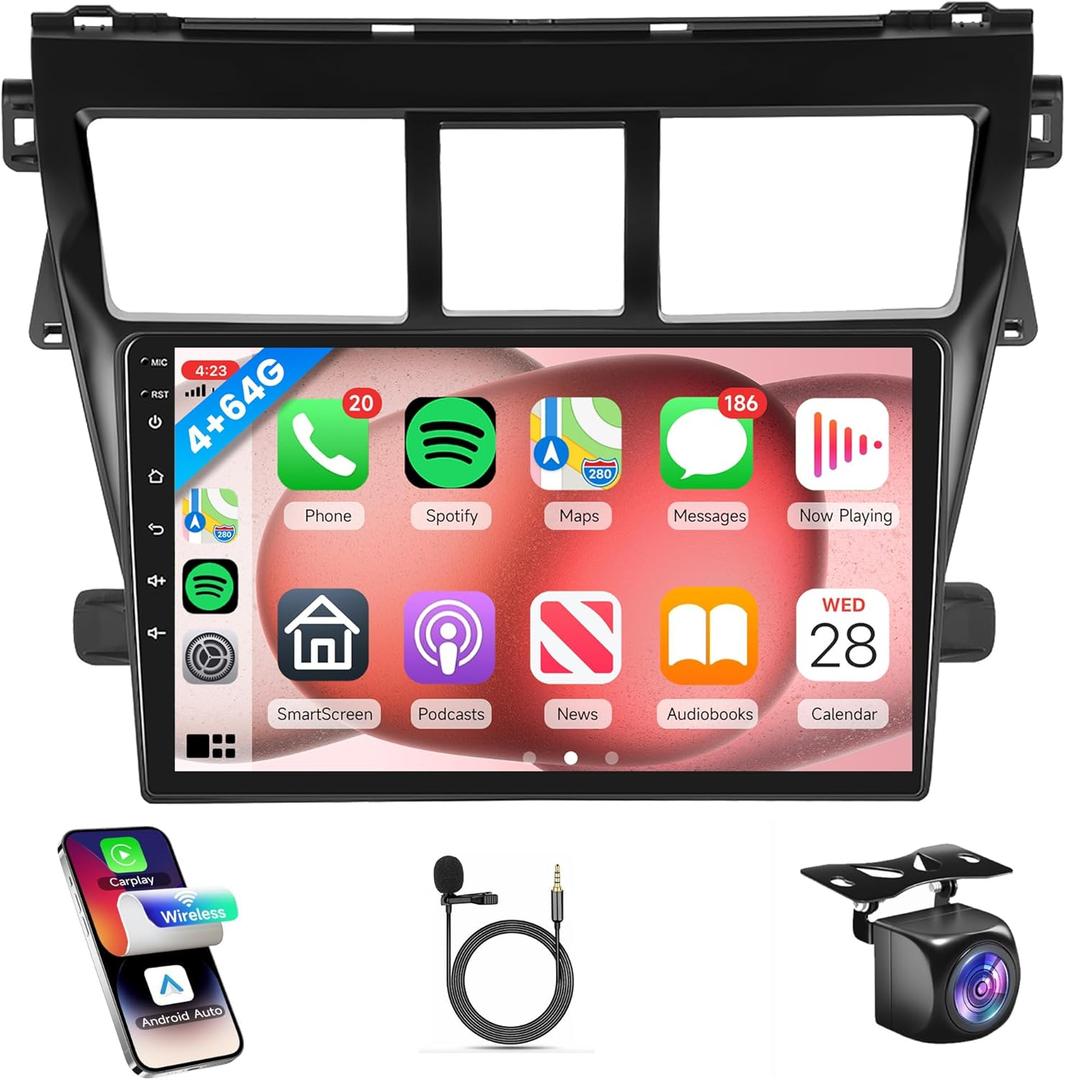 4G+64G Car Radio Stereo for Toyota Yaris VIOS 2007-2013, Rimoody Android 13 Wireless Carplay and Android Auto Mirror Link GPS WiFi 9 Inch Touch Screen Bluetooth FM EQ SWC Backup Camera