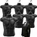 Noamus 6 Pack Male Mannequin Torso, Shapely Dress Form with Hanging Hook, T-Shirt Display Hollow Back Body, Shatterproof Rounded Waist Mold for Craft Shows, Photos Design, Clothing Sewing, Black
