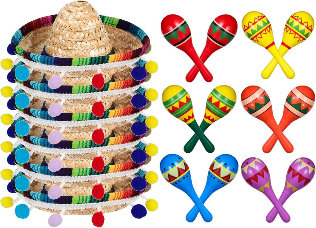 Honoson 12 Pcs Wooden Fiesta Maracas 6 Cinco De Mayo Mini Sombrero Top Hat for Sombrero Mexican Party Decor(18 Pcs,Fresh Style)