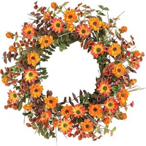 Fall Front Door Sunflower Wreath Orange, 20 Inch Autumn Wreath Farmhouse Porch Decor, Fall Wreaths for Front Door Outside, Indoor Outdoor Wreath for Harvest Thanksgiving Wedding