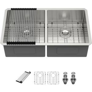 Kichae 33 Inch Undermount Kitchen Sink Double Bowl 50/50 Stainless Steel 18 Gauge Under Counter Kitchen Sink Handmade Basin with Drain Strainer (33"  19" - 55)