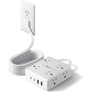 10Ft Extension Cord with Multiple Outlets, Flat Plug Surge Protector Power Strip 10 Ft Long Cord, 8 Outlets & 4 USB Ports (2 USB C), Desk Charging Station for Home Office, College Dorm Room Essentials (White)